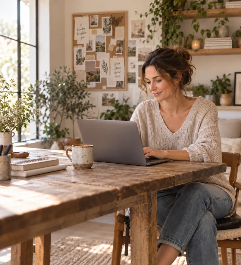 Woman working on a laptop at a wooden table in a bright home office